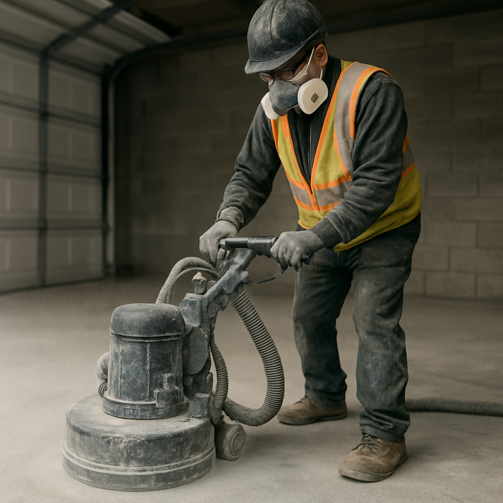 Colorado Custom Coatings technician grinding and prepping a concrete floor before coating