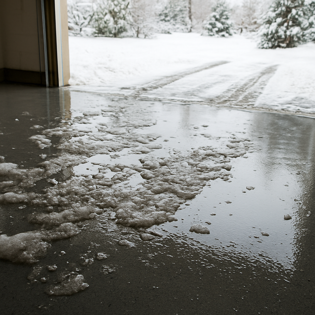 A glossy polyaspartic garage floor shedding snowmelt and road salt with a snowy driveway visible outside