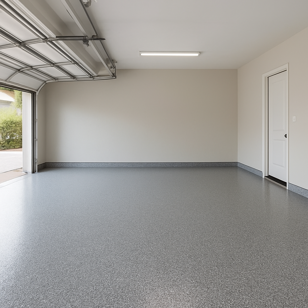 A freshly finished two-car residential garage with a premium gray flake epoxy floor