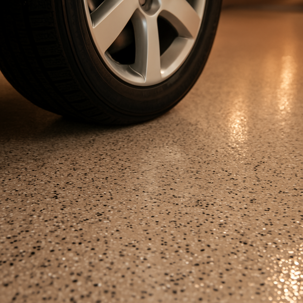 A glossy flake-coated garage floor with a car tire resting on it, showing no hot-tire damage