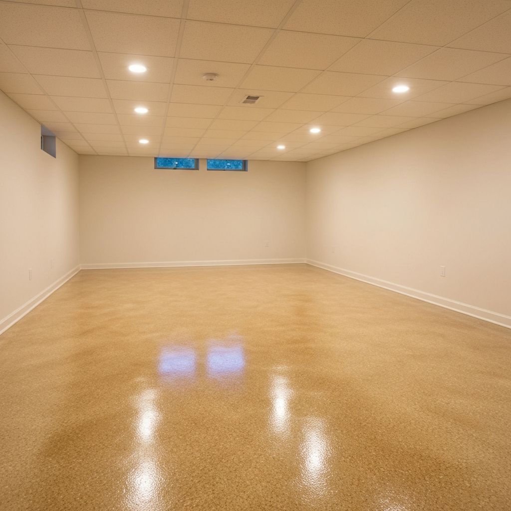 Finished Basement Living Space — finished Decorative Flake — Sandstone floor