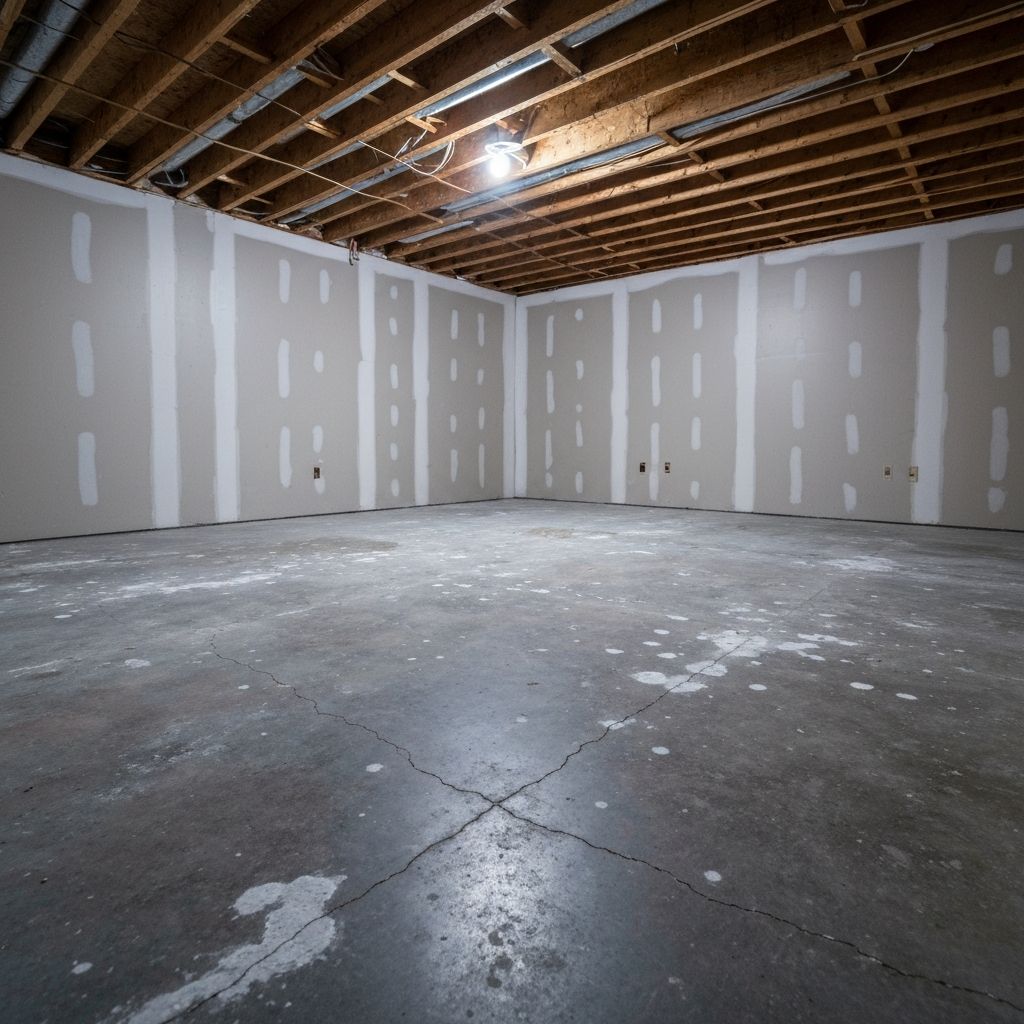 Finished Basement Living Space — bare concrete before coating